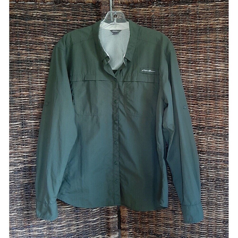 Eddie Bauer Shirt Men's Large Green Vented Fishing Long Sleeve Button Up Outdoor